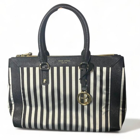 Rare - Henri Bendel Striped Satchel handbag purse Black/White Gold Hardware - Picture 1 of 5